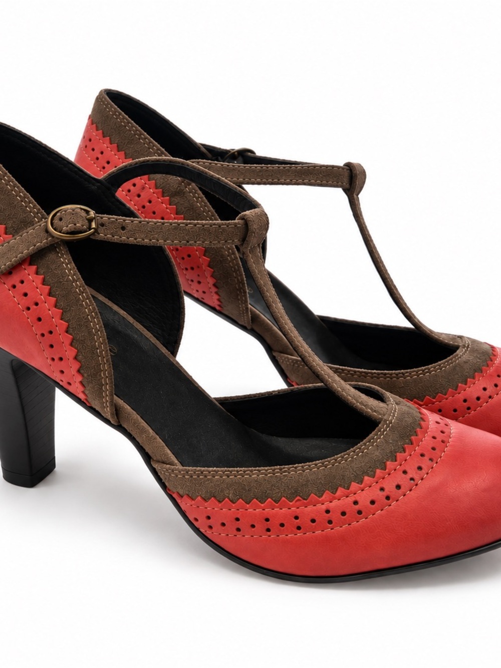 NWOT! Sundance Two-Tone T-Strap Heels in Coral Red and Brown NEW Mary Jane’s